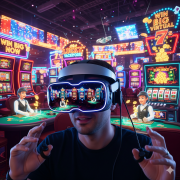 A person wears a sleek VR headset, with their hands in haptic gloves, immersed in a brightly lit virtual casino environment.