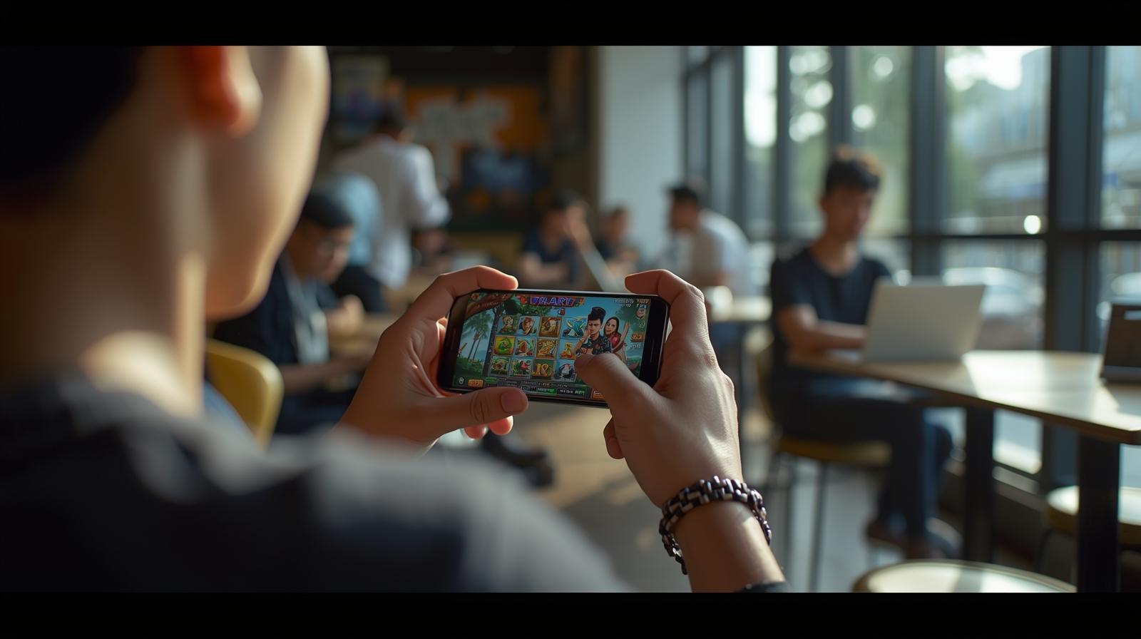 Young Malaysian playing blurred mobile slot game in café with relaxed atmosphere.