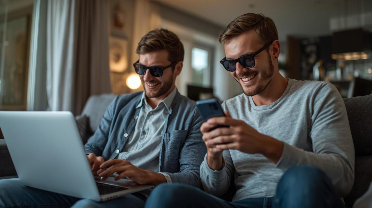 People enjoying digital gambling at home using laptop and smartphone screens.