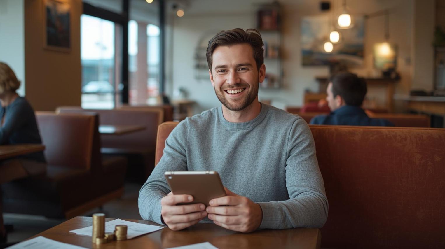 Person smiling at tablet in cozy home enjoying online gaming responsibly