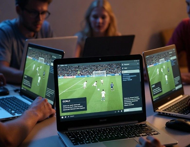 Fans watching a live sports stream on laptops with chat windows open.