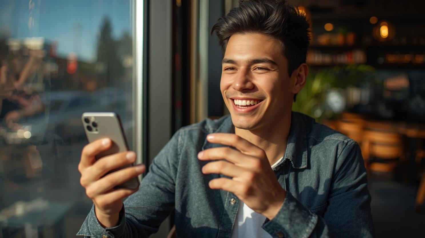 Smiling man enjoying live casino game on smartphone indoors.