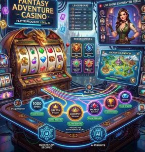 A vibrant online casino interface designed like a fantasy adventure game, featuring animated slot machines, reward badges, live show hosts on screen, colorful neon lights, and interactive achievement icons.