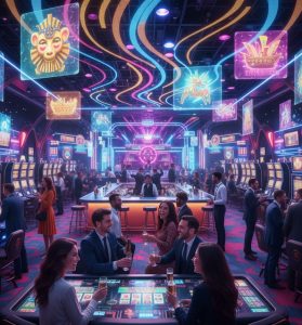 Vibrant casino entertainment scene with colorful lights, joyful players, themed gaming visuals, music and social interaction atmosphere, fun and immersive style.