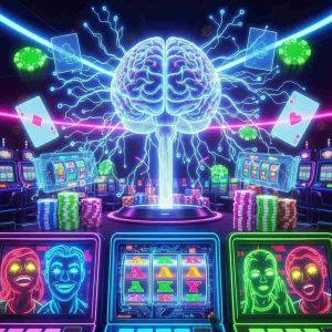 A glowing brain with dopamine signals lighting up, casino elements like slot machines and cards surrounding it, vibrant neon colors, emotional expressions of excitement, futuristic entertainment concepts.