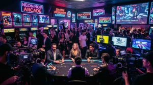 A cinematic casino scene blending movies, video games, and pop culture elements