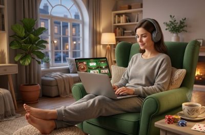 a person relaxing while playing online casino games on a laptop in a comfortable living room