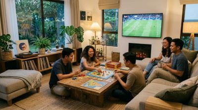 Relaxed group of friends enjoying different forms of entertainment including board games, sports on television, music, and casual conversation